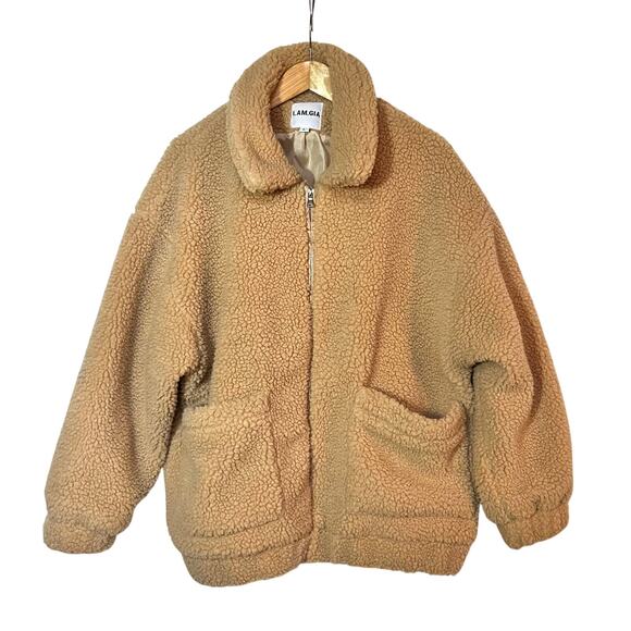 I.AM.GIA Jacket Size L Pixie Sherpa Teddy Tan Caramel Zip Up Oversized - Picture 2 of 12